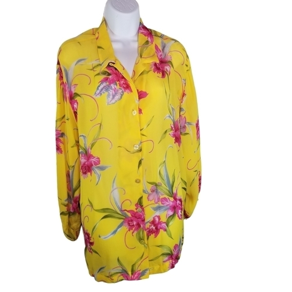 Vtg Mureli yellow floral silk button up blouse - Picture 1 of 13